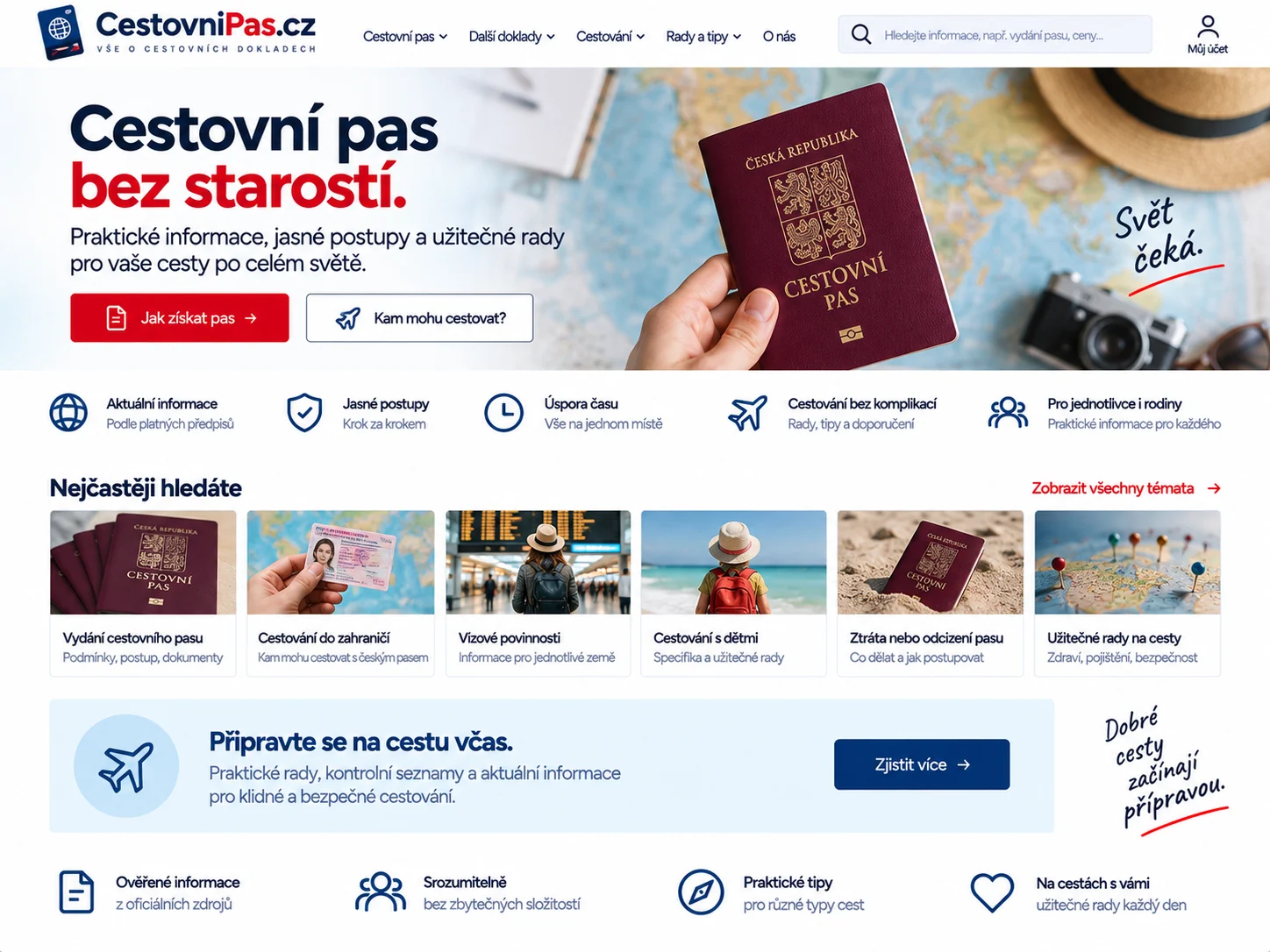 Ilustrační návrh 1 pro CestovniPas.cz s cestovním pasem, postupy, vízovými povinnostmi a radami na cesty