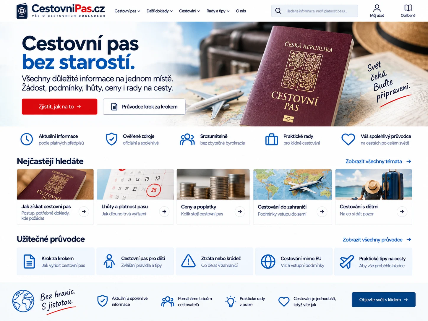 Ilustrační návrh 2 pro CestovniPas.cz s cestovním pasem, lhůtami, poplatky a užitečnými průvodci